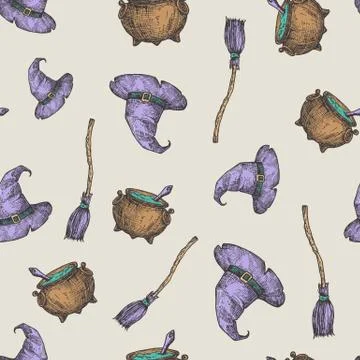 Hand Drawn Witch Hat, Broom and Cauldron Vector Seamless Background Pattern Illustrazione stock