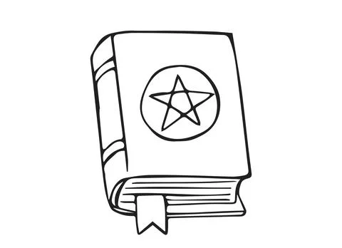 Hand Drawn Witch Spell Book with Pentagram Symbol and Bookmark Line Art Doo.. Stock Illustration