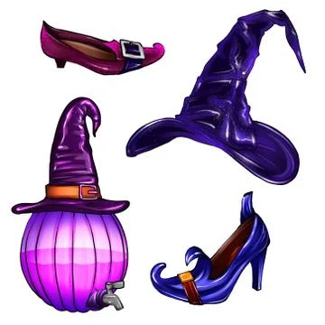 Hand-drawn witchcraft set. Vector witch potion, old stylish boots. Witch hat  Illustrazione stock