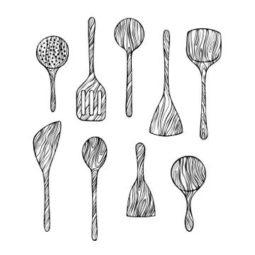 Hand drawn wooden kitchen tools.     Vector sketch illustration Stock Illustration