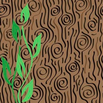 Hand drawn wooden texture backgrounds for design. Green twigs with leaves. Stock Illustration