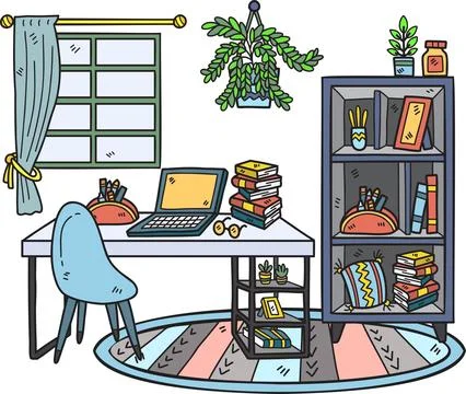 Hand Drawn Work desk with bookshelf and window interior room illustration イラスト素材