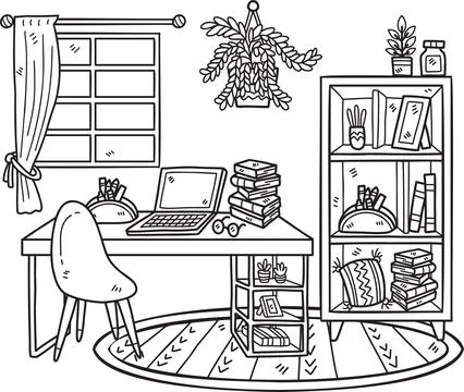 Hand Drawn Work desk with bookshelf and window interior room illustration イラスト素材