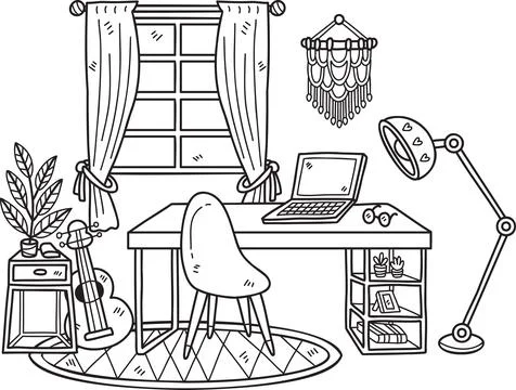 Hand Drawn Work desk with plants and window interior room illustration イラスト素材