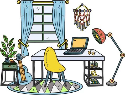 Hand Drawn Work desk with plants and window interior room illustration イラスト素材