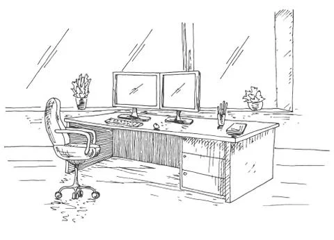 Hand drawn workplace behind the monitors. Stock Illustration