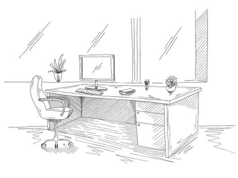 Hand drawn workplace behind the monitors. Working table with monitors Stock Illustration