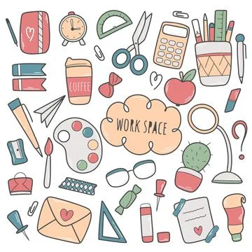 Hand drawn workspace set Stock-Illustration