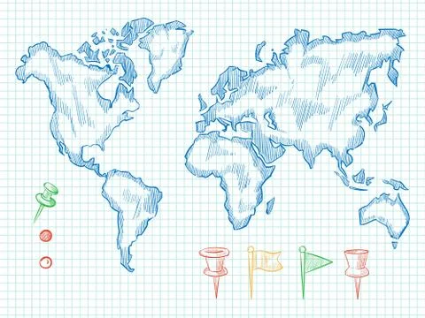 Hand drawn world map and colorful doodle pins Illustrazione stock