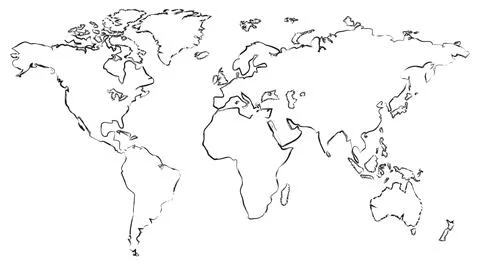 Hand drawn world map illustration. Painted global Earth map. Line cartograp.. Stock Illustration