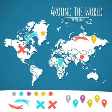 Hand drawn world map with pins and arrows vector design. Cartoon style atlas Stock Illustration