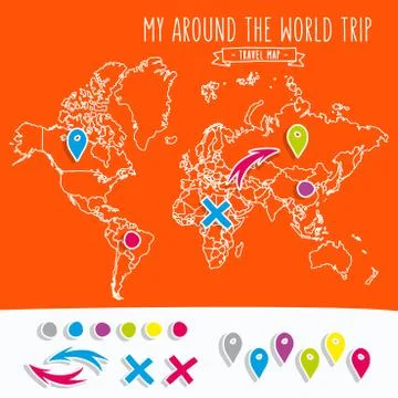 Hand drawn world map with pins and arrows vector design. Cartoon style atlas Stock Illustration