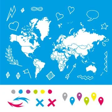 Hand drawn world map with pins and arrows vector design. Cartoon style atlas Stock Illustration