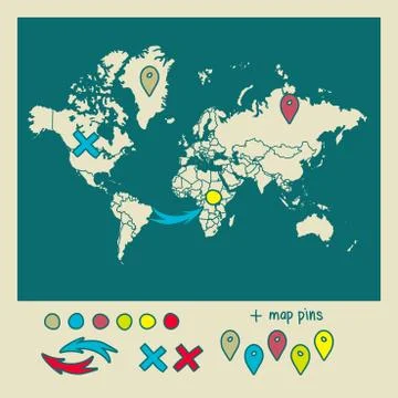 Hand drawn world map with pins and arrows vector design. Cartoon style atlas Stock Illustration