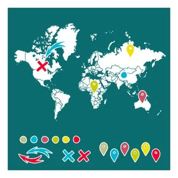 Hand drawn world map with pins and arrows vector design. Cartoon style atlas Stock Illustration