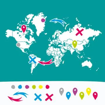 Hand drawn world map with pins and arrows vector design. Cartoon style atlas Stock Illustration