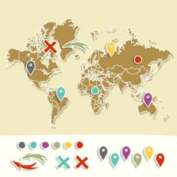 Hand drawn world map with pins and arrows vector design. Cartoon style atlas Stock Illustration