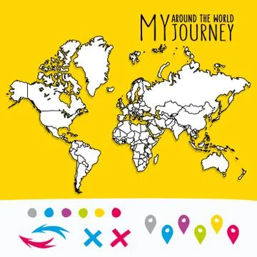 Hand drawn world map with pins and arrows vector design. Cartoon style atlas Stock Illustration