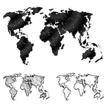 Hand drawn world map in three versions Stock Illustration