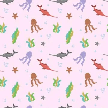 Hand drawn world oceans day seamless pattern. Stock Illustration