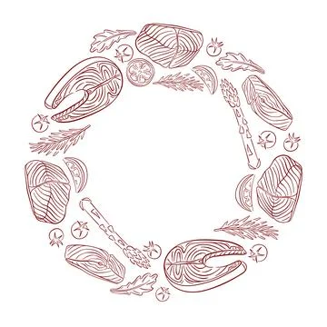 Hand drawn wreath frame with salmon steak cuts, asparagus, rosemary and tomato Stock Illustration