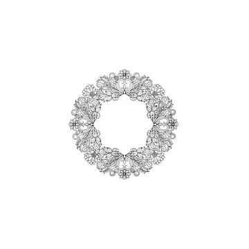 Hand-drawn wreath made of delicate flowers and leaves with black and white 스톡 일러스트