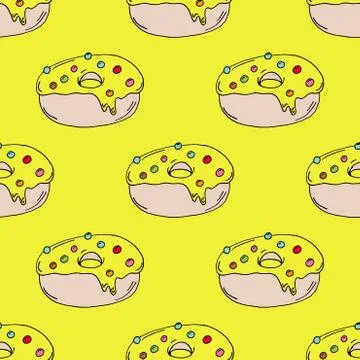 Hand Drawn Yellow Donut Pattern on Yellow Background Stock Illustration