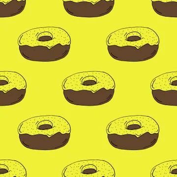 Hand Drawn Yellow Donut Pattern on Yellow Background Stock Illustration