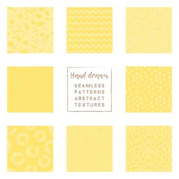 Hand drawn yellow primitive brush stroke elements, seamless patterns set Stock Illustration