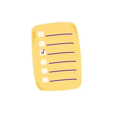 Hand drawn yellow sheet of paper with purple lines and checkmarks doodle style Illustrazione stock