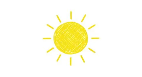 Hand-drawn yellow sun with rays on white background, simple doodle illustrati Stock Illustration
