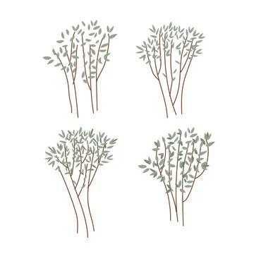 Hand drawn young trees set. Green plants, branches and bushes summer woods Stock Illustration