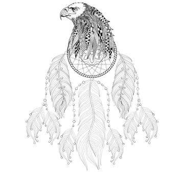 Hand drawn zentangle Dreamcatcher with Eagle head for adult colo Illustration