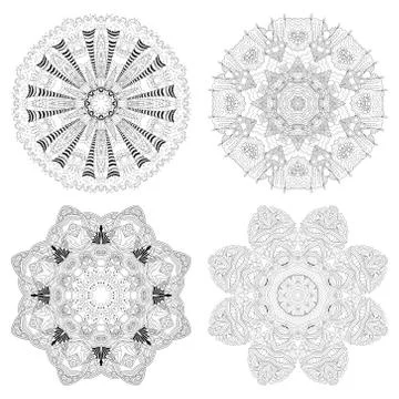 Hand drawn zentangle set of 4 mandalas for coloring page. Stock Illustration