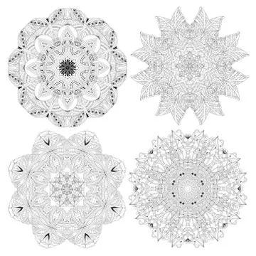 Hand drawn zentangle set of 4 mandalas for coloring page. 스톡 일러스트