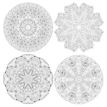 Hand drawn zentangle set of 4 mandalas for coloring page. Stock Illustration