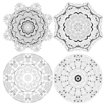 Hand drawn zentangle set of 4 mandalas for coloring page. Stock Illustration