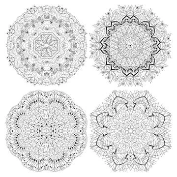 Hand drawn zentangle set of 4 mandalas for coloring page. Stock Illustration