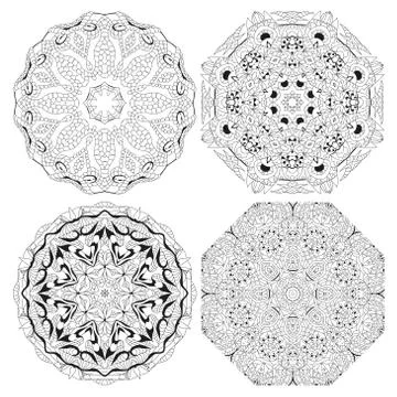 Hand drawn zentangle set of 4 mandalas for coloring page. Иллюстрация