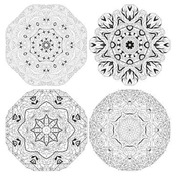 Hand drawn zentangle set of 4 mandalas for coloring page. Stock Illustration