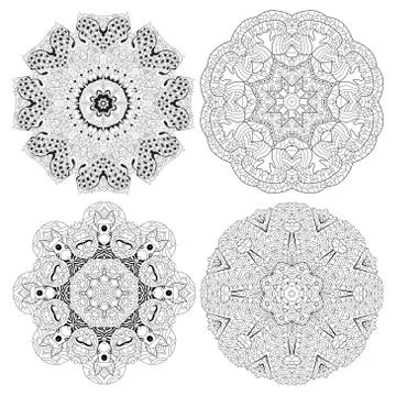 Hand drawn zentangle set of 4 mandalas for coloring page. Stock Illustration