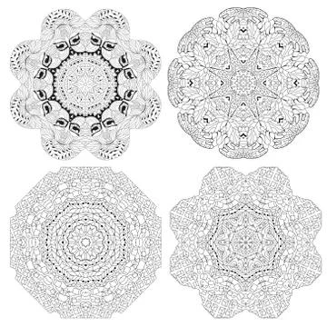 Hand drawn zentangle set of 4 mandalas for coloring page. Illustration