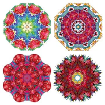 Hand drawn zentangle set of 4 color mandalas for decoration Иллюстрация