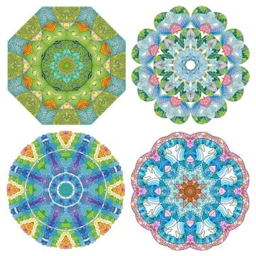 Hand drawn zentangle set of 4 color mandalas for decoration イラスト素材