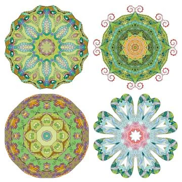 Hand drawn zentangle set of 4 color mandalas for decoration Stock Illustration