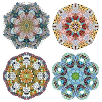 Hand drawn zentangle set of 4 color mandalas for decoration Stock Illustration