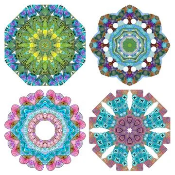 Hand drawn zentangle set of 4 color mandalas for decoration Illustrazione stock
