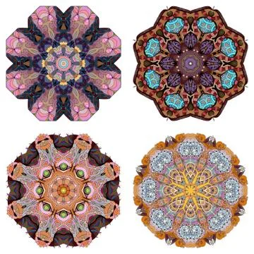Hand drawn zentangle set of 4 color mandalas for decoration Stock Illustration
