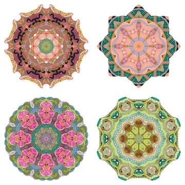 Hand drawn zentangle set of 4 color mandalas for decoration Иллюстрация