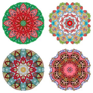 Hand drawn zentangle set of 4 color mandalas for decoration Stock Illustration